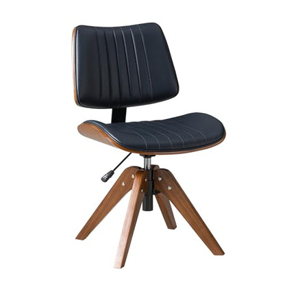 HULALA HOME Faux Leather Home Office Desk Chair No Wheels, Navy | Mid-Century Modern Desk Chair with Wood Legs, 360° Swivel Computer Task Chair with Channel-Tufted Backrest, Height Adjustable - color: Navy