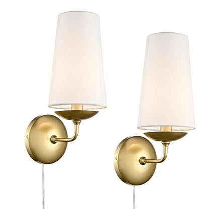 Moose Gold Wall Sconces Set of Two Linen Shade Plug in Wall Lamp | Modern Brass Wall Lighting with Fabric Shade for Bedroom, Living Room, Dining Room, Entryway - color: Gold, size: 2-Pack | 1-Light