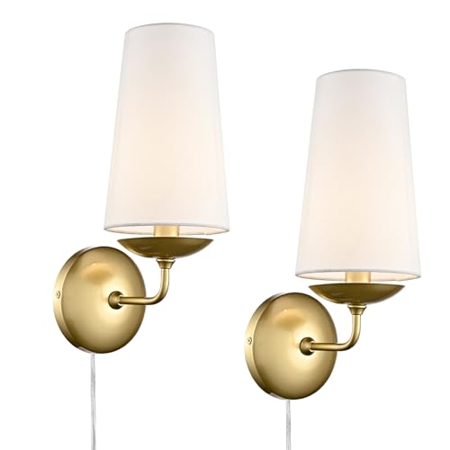 Moose Gold Wall Sconces Set of Two Linen Shade Plug in Wall Lamp | Modern Brass Wall Lighting with Fabric Shade for Bedroom, Living Room, Dining Room, Entryway - color: Gold, size: 2-Pack | 1-Light