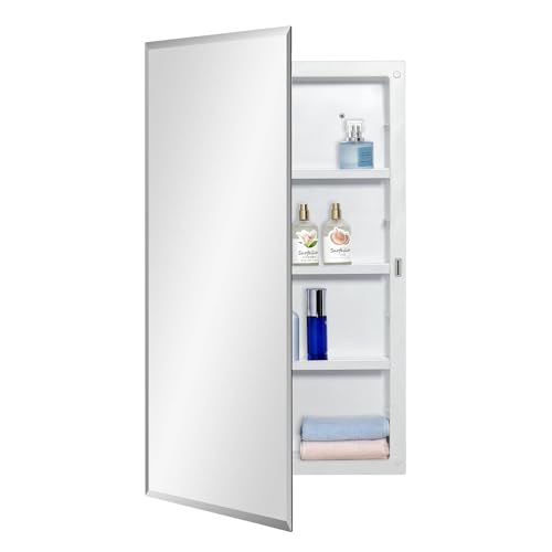 Plastic Medicine Mirror Cabinet for Bathroom 16 x 28 inch, Recessed and Surface Mount - color: White, size: 16x28 inch Beveled Edge Mirror