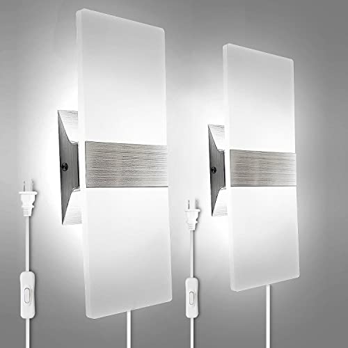 KICAAO Modern Wall Sconces Set of Two, Plug in 10W 6000K Cool White | Acrylic Wall Lights with 6FT/180cm Plug in Cord and On/Off Switch on The Cord - color: Brushed Silver