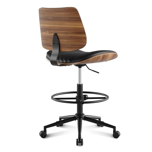 Drafting Chair with Adjustable Footrest, Rolling Walnut Stool, Black | Armless Tall Swivel Stool for Standing Desk, PU Leather Curved Bentwood, Rolling for Office & Art Studio, 300LBS Capacity - color: Black