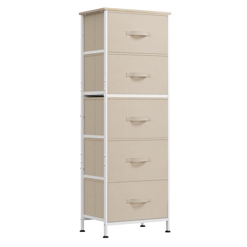 WLIVE Tall Dresser for Bedroom, 5 Drawer Dresser, Cream White | 5 vertical fabric drawers, Tall vertical design, Bedroom or closet use, Dresser for small spaces, Chest of drawers - color: Cream White