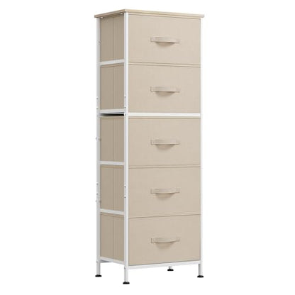 WLIVE Tall Dresser for Bedroom, 5 Drawer Dresser, Cream White | 5 vertical fabric drawers, Tall vertical design, Bedroom or closet use, Dresser for small spaces, Chest of drawers - color: Cream White