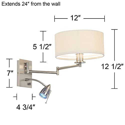 Radix Plug-In Swing Arm Wall Lamp with LED Reading Arm Modern Light Fixture | Mounted Adjustable Brushed Nickel Off White Drum Shade for Bedroom Bedside House Living Room Home Hallway - color: Brushed Nickel