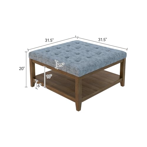ABHENG 31.5" Large Square Storage Ottoman, Upholstery Solid Rubberwood Coffee Couch Table with Open Shelf, Foot Stool Load up to 330lb, Chenille Gray UASND67G - color: Grey, size: 31.5"D x 31.5"W x 20"H