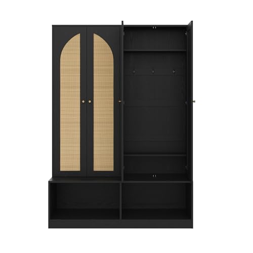 JIVOIT Bohemian Farmhouse Widen Hall Tree with 4 Rattan Doors, Versatile 4-In-1 Hall Tree, Mid-Century Entryway Shoe Cabinet with Adjustable Shelf and 6 Hooks, Seating Bench for Living Room - color: Black//53