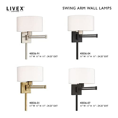 Livex Lighting 40036-01 1-Light Swing Arm Wall Light, Antique Brass | Off-White Fabric Shade - color: Antique Brass