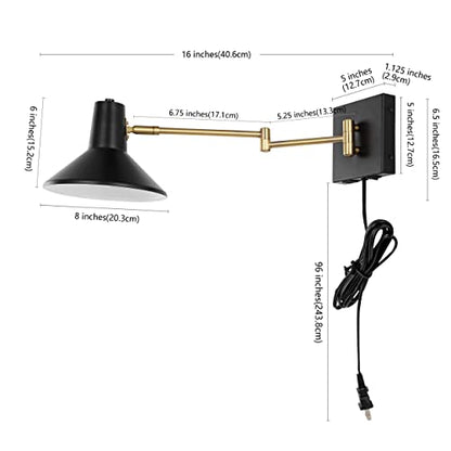JONATHAN Y Hygge 1-Light Modern Swing Arm USB Sconce 8", Black/Brass Gold | Metal Construction, Plug-In Midcentury Bedside Wall Lamp, Cone Shade, Adjustable Head, LED Bulb Included - color: Black/Brass Gold