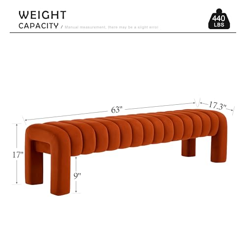 63" Bedroom Bench, Upholstered Entryway Bench, Modern End of Bed Ottoman with Solid Wood Legs and Adjustable Foot Pegs for Entryway, Dining Room and Living Room (Rust Velvet) - color: Rust Velvet, size: 63"