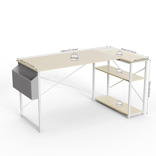 TIQLAB L-Shaped Computer Desk with Power Outlets - Reversible Shelves, 47 Inch Gaming & Study Desk in Beige - color: Beige, size: 47 Inch