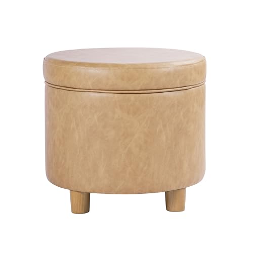 HomePop 19" Round Storage Ottoman - Sand Faux Leather - color: Sand Faux Leather