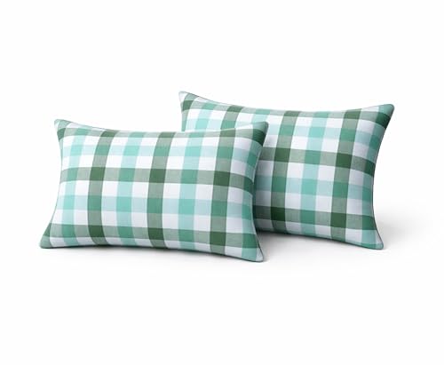 Native Fab Throw Pillow Covers 2 Pack, 12x20 Inches, 100% Cotton, Coastal Check Pattern, Soft, Decorative Lumbar Cushion Cases, Fresh Beach House Decor for Bedroom, Living Room, Sofa, Seafoam & Mint - color: Gingham Coastal Seafoam & Mint Green, size: 20"