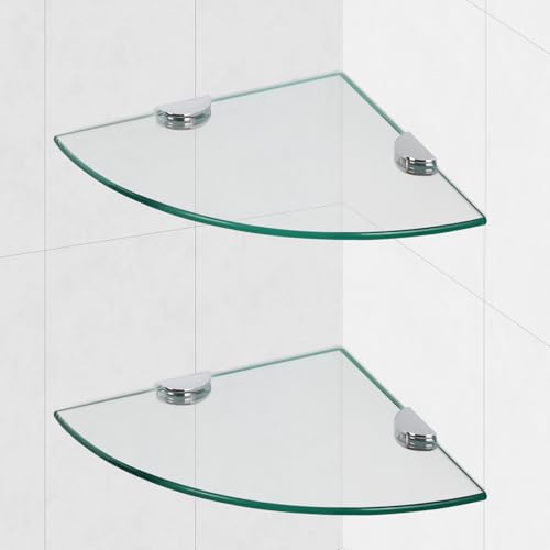 Glass Corner Shower Shelves, Tempered Floating Glass Shelves Wall Mount, Shower Caddy Organizer, Bathroom Corner Shelf with Zinc Alloy Brackets for Bathroom, Kitchen, Living Room, 9.8" x 9.8", 2 Pack - size: 2 PACK Without Rail