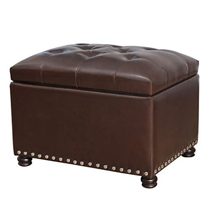 Faux Leather Storage Ottoman Bench Rectangle 24 Inch Foot Rest Ottomans (Brown) - color: Brown