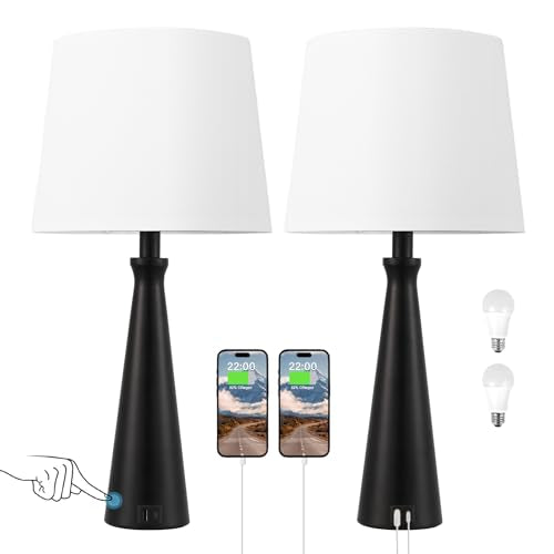 Modern Touch Lamps for Nightstand, 3 Way Dimmable Bedroom Lamp Set of 2 | USB C+A Charging Ports, Black Bedside Lamps for Bedroom, Living Room, End Table, Bed Side, LED Bulb Included - color: A. Black Base-White Shade