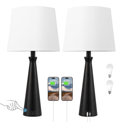 Modern Touch Lamps for Nightstand, 3 Way Dimmable Bedroom Lamp Set of 2 | USB C+A Charging Ports, Black Bedside Lamps for Bedroom, Living Room, End Table, Bed Side, LED Bulb Included - color: A. Black Base-White Shade