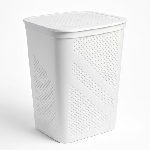 24 Inch Plastic Laundry Hamper with Hinged Lid – Space-Saving Rectangular Clothes Basket, Ventilated Design, Lightweight Laundry Organizer for Bedroom, Bathroom & Closet, White