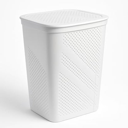 24 Inch Plastic Laundry Hamper with Hinged Lid – Space-Saving Rectangular Clothes Basket, Ventilated Design, Lightweight Laundry Organizer for Bedroom, Bathroom & Closet, White