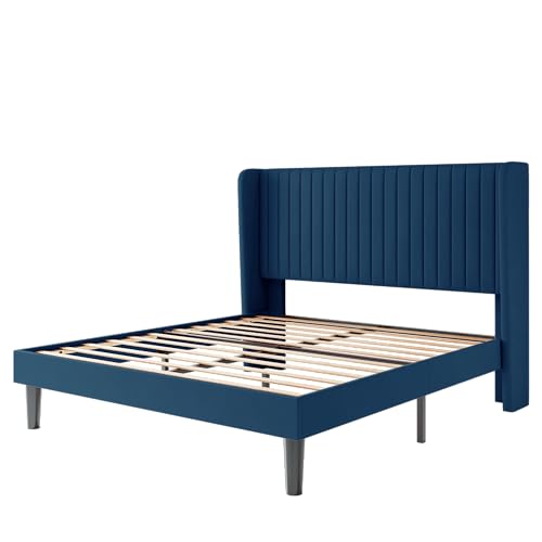 SHA CERLIN Queen Size Velvet Bed Frame, Tufted Wingback Headboard, Blue | 47'' Modern Vertical Channel Headboard, Upholstered Platform Bed, Wood Slats, No Box Spring Needed, Easy Assembly, Noise Free - color: Blue, size: Queen