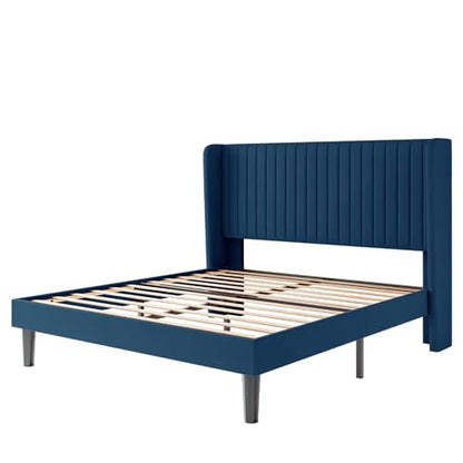 SHA CERLIN Queen Size Velvet Bed Frame, Tufted Wingback Headboard, Blue | 47'' Modern Vertical Channel Headboard, Upholstered Platform Bed, Wood Slats, No Box Spring Needed, Easy Assembly, Noise Free - color: Blue, size: Queen