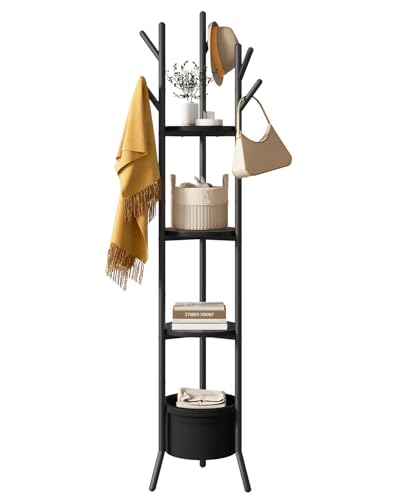 YMYNY Coat Rack, Freestanding Coat Stand with Storage Shelves, Hall Trees with 3 Wooden Shelves and 1 Fabric Basket, Metal Clothes Stand for Hats Bags Hallway Bedroom Black UHGR005B - color: Black