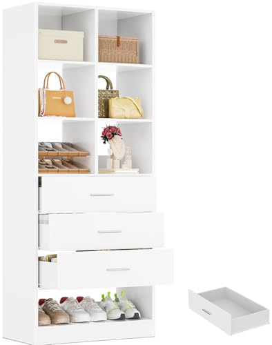 Closet System Organizer with 3 Drawers and Partition Storage, Freestanding Wardrobe Organizer Modular with Shoe Shelf, Expandable for Walk-in or Reach-in Closets, White - color: White