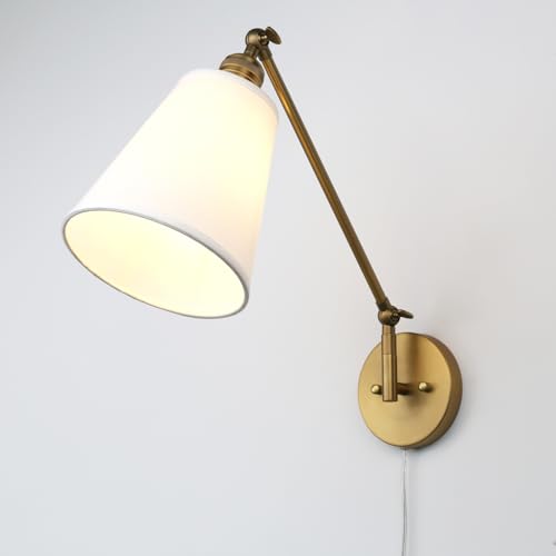 Retro Swing Arm Wall Sconce Plug in Wall Lamp Single Sconce Light Fixture with White Fabric Shade for Bedroom Living Room Home Office - color: Antique Gold