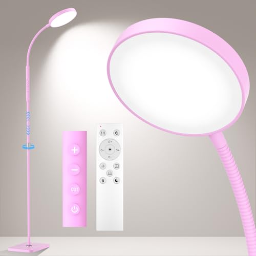 PACOVY 플로어 램프, 거실 침실용 높이 조절 가능한 플로어 램프, 120 LED 매우 밝은 스탠딩 램프 리모컨, 조도 조절 가능한 구즈넥 톨 스탠드 독서 램프, 사무실 공예용, 핑크 - color: 핑크
