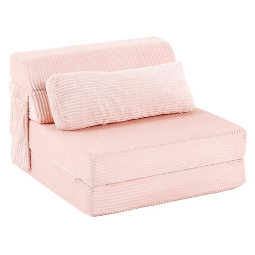 Folding Sofa Bed with Pillow, Convertible Sleeper Chair, Comfy Floor Futon Couch Mattress Lounge Sofa for Adults Portable Fold Out Chair Bed for Living Room Bedroom, Single, Pink - color: Pink