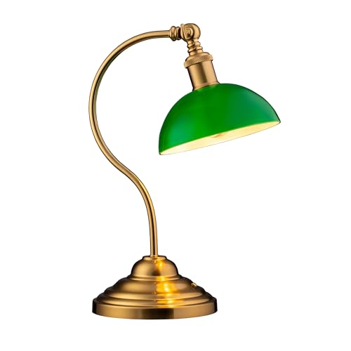O'Bright Bankers - Cordless LED Table Lamp, Battery-Operated, Rechargeable, 3-Level Dimming, Universal USB-C Charging, 180° Swivel Head, Classic Green Glass Shade, Antique Brass - color: Antique Brass-Green Glass