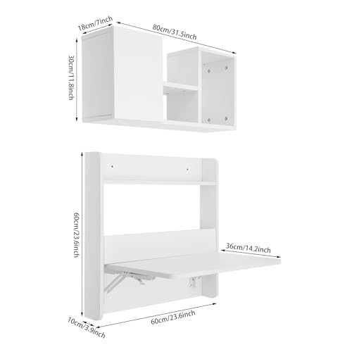 Floating Desk | Wall-Mount Computer Desk | Fold Down Laptop Desk | Writing Study Table | Folding Table Workstation | with Storage Shelves | 14.2in Wide Tabletop (White) - color: White