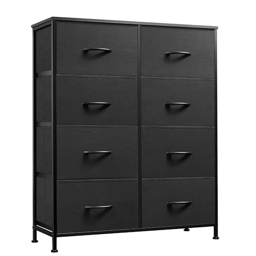 WLIVE Fabric Dresser for Bedroom, Tall Dresser with 8 Drawers, Storage Tower with Fabric Bins, Double Dressers, Chest of Drawers for Closet, Living Room, Hallway, Charcoal Black | Black tall 8-drawer fabric dresser with bins, sleek modern tower for bedroo