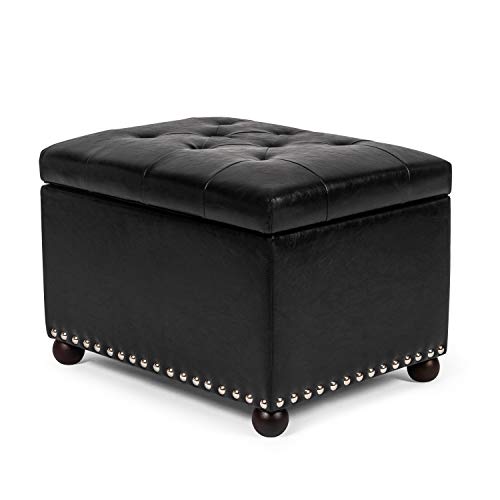 Leather Storage Ottoman, 24" Rectangle Tufted Foot Rest Stool, for Living Room Bedroom, Midnight Black - color: Midnight Black
