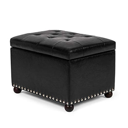 Leather Storage Ottoman, 24" Rectangle Tufted Foot Rest Stool, for Living Room Bedroom, Midnight Black - color: Midnight Black