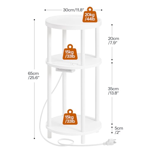 HOOBRO Small Round Side Table with Charging Station, 3-Tier Round Bamboo End Table, Compact Sofa Bedside Table for Small Space, Easy Assembly, for Living Room, Bedroom, Apartment, White WT152UBZ01 - color: White