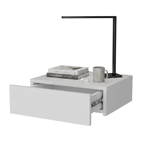 FM FURNITURE Milano Floating Nightstand with Drawer & Open Shelf, Wall Mounted Bedside Table for Bedroom Storage, Modern Minimalist Night Stand, White - color: White