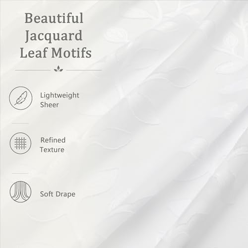 White Sheer Curtains 96 Inches Long - Jacquard Leaf Clip Textured Sheer Curtains for Living Room, Farmhouse Light Mitering Window Treatments Drapes with Rod Pocket, 2 Panels, 2x42Wx96L Inches - color: White, size: 42"W x 96"L (Pack of 2)