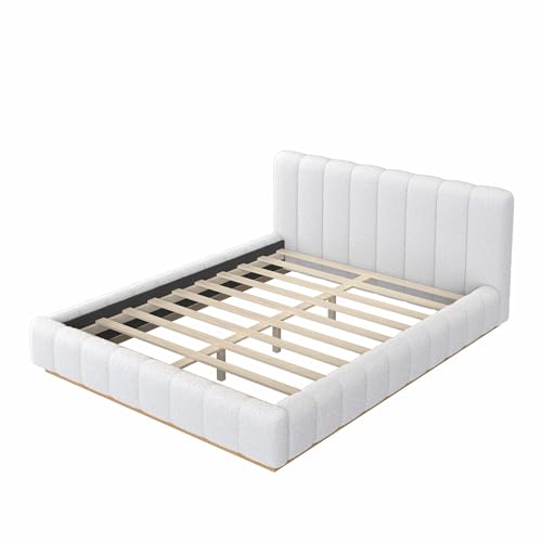 Majnesvon Queen Size Upholstered Bed Frame, Soft Boucle Bed Frame with Headboard, Low Profile White Platform Bed with Wood Base - size: Queen (U.S. Standard)