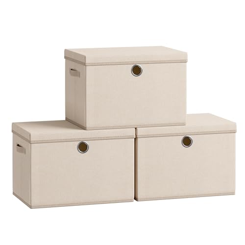 SONGMICS Large Storage Bins with Lids, 3 Pack Foldable Storage Boxes | 3 Pack Foldable Storage Boxes, 41 Quart Fabric Closet Organizer, 16.9"L x 11.8"W x 11.8"H, Summer Sand URFB545LF01 - color: Summer Sand（with Lids）, size: 41 Quart- 3 pack
