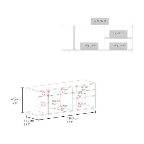 Compact TV Stand for 65-Inch TV: 47.4-Inch Slim Width for Small Spaces - 5 Open Shelves Media Console with 22lb Top Support for Apartments & Living Rooms