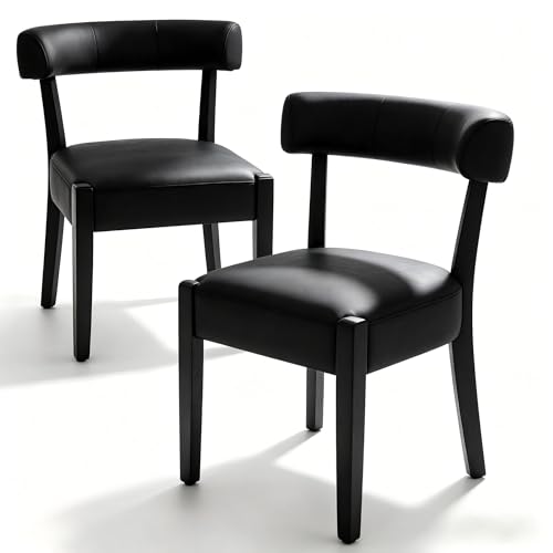 RNKSFX Black Dining Chairs Set of 2, Faux Leather Upholstered Kitchen & Dining Room Chairs, Mid Century Modern Wooden Dining Chairs Farmhouse Oversized Sturdy Rounded Chairs Curved Back - color: Black