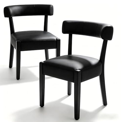 RNKSFX Black Dining Chairs Set of 2, Faux Leather Upholstered Kitchen & Dining Room Chairs, Mid Century Modern Wooden Dining Chairs Farmhouse Oversized Sturdy Rounded Chairs Curved Back - color: Black