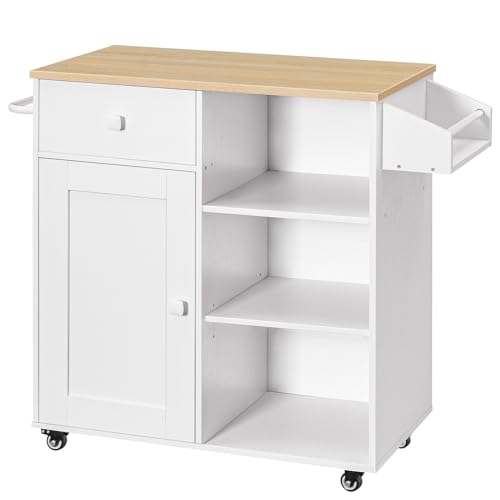 HOOBRO Kitchen Island, Storage Cabinet with Drawer, Kitchen Cart with Spice and Towel Rack, Saving Space, Easy Assembly, for Living Room, White and Natural WN12ZD01 - color: White + Natural