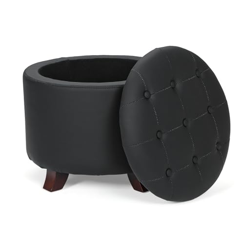 Athena Collection 20 Inch Small Ottoman with Storage, Round PU Leather Storage Ottoman with Removable Lid, Stylish Footstool Foot Rest for Living Room, Bedroom, Dorm, Black - color: Black, size: 20"D x 20"W x 17"H