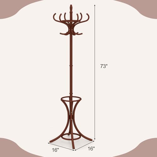 Giantex Solid Wood Coat Rack, Freestanding Hanger Stand w/12 Hooks, Umbrella Holder, Entryway Hall Tree for Coat, Hats, Scarves, Bags, Wooden Garment Rack for Bedroom, Hallway (Reddish Brown) - color: Reddish Brown