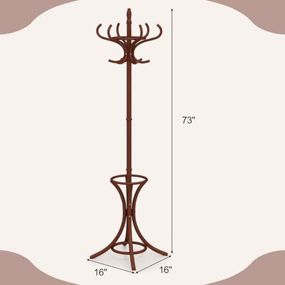 Giantex Solid Wood Coat Rack, Freestanding Hanger Stand w/12 Hooks, Umbrella Holder, Entryway Hall Tree for Coat, Hats, Scarves, Bags, Wooden Garment Rack for Bedroom, Hallway (Reddish Brown) - color: Reddish Brown