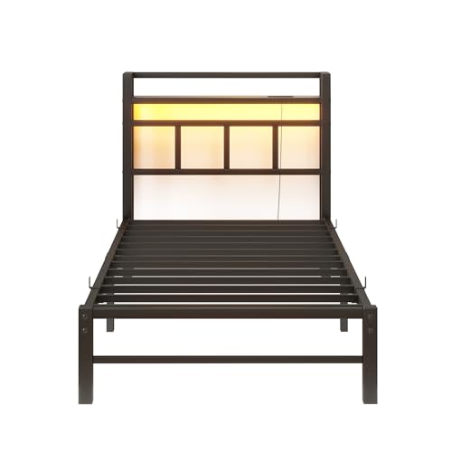 Twin Bed Frame with Headboard,Single Bed Frame with Charging Station and LED Lights,Metal Platform Bed Twin Sizes,No Box Spring Needed,Easy Assembly,Black (Black, Twin) - size: Twin, style: Modern Twin