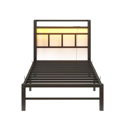 Twin Bed Frame with Headboard,Single Bed Frame with Charging Station and LED Lights,Metal Platform Bed Twin Sizes,No Box Spring Needed,Easy Assembly,Black (Black, Twin) - size: Twin, style: Modern Twin