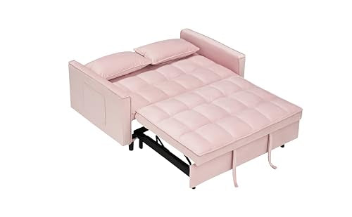 55" Pull Out Sleeper Sofa, Velvet Loveseat with Side Pockets,Pink | Velvet upholstery, 5-level adjustable back, Pull-out bed design, Sturdy frame with side pockets - color: Pink